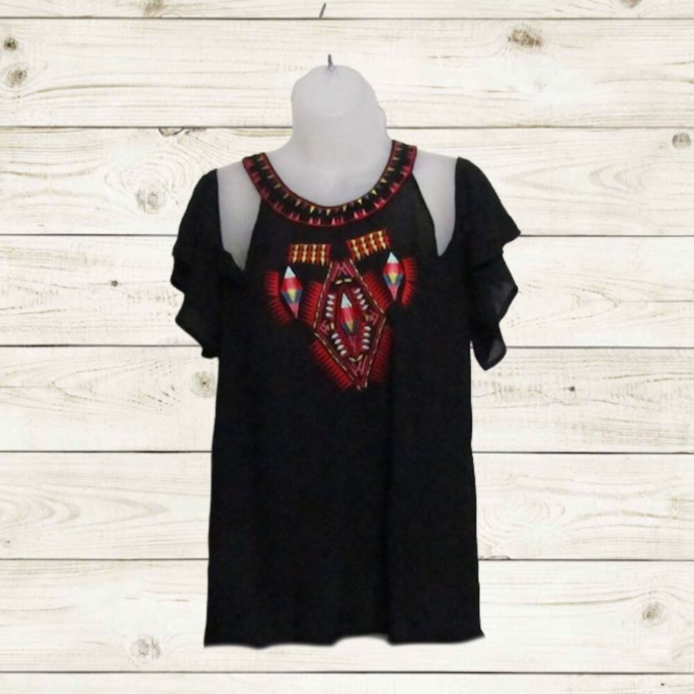 New York n co  womens size XS blouse top cold shoulder color black semi sheer